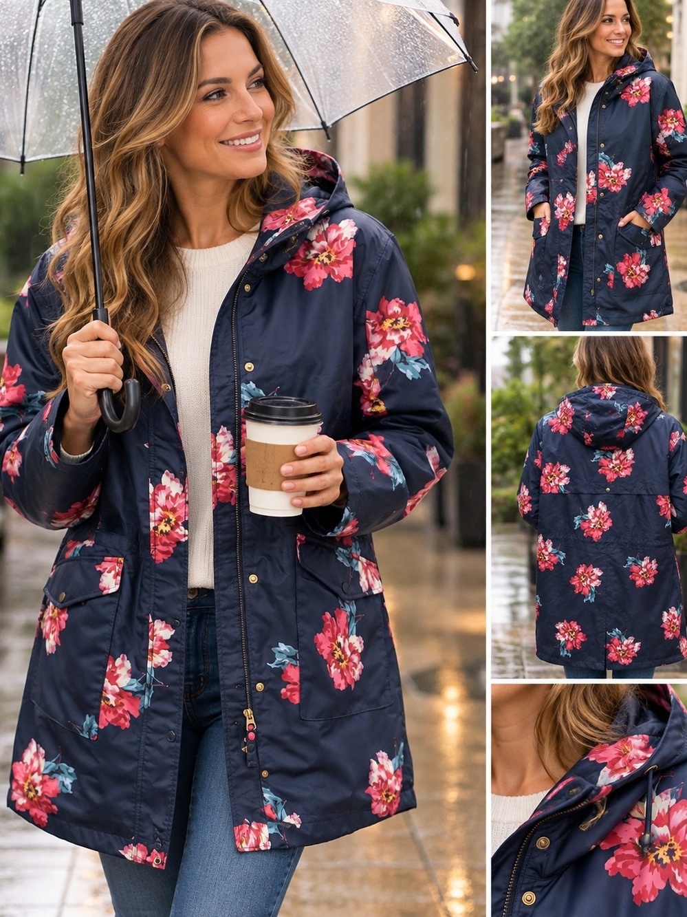 Joules Navy Floral Hooded Puffer Coat with Pink Blooms